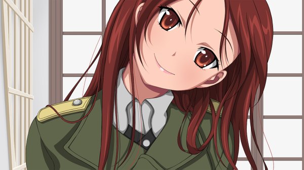 Anime picture 1350x759 with strike witches minna-dietlinde wilcke monizumi ishikawa (artist) single long hair smile brown hair wide image brown eyes girl uniform military uniform