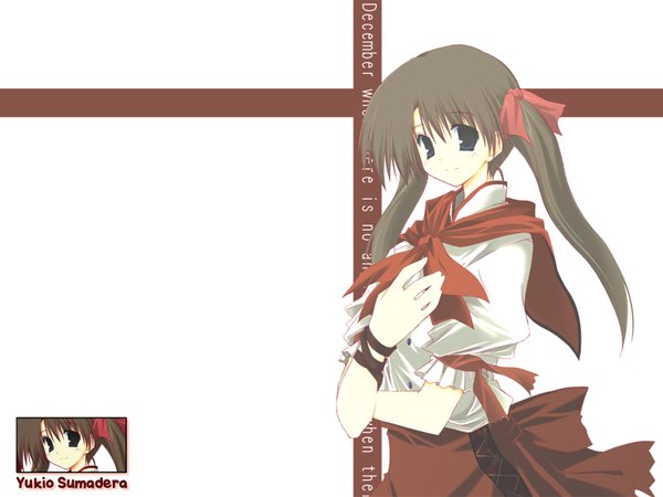 Anime picture 1600x1200 with tenshi no inai 12-gatsu sumadera yukio mitsumi misato single long hair looking at viewer brown hair white background twintails upper body wallpaper copyright name character names girl ribbon (ribbons) hair ribbon