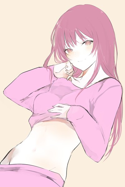 Anime picture 600x894 with original lpip single long hair tall image looking at viewer blush fringe light erotic simple background brown eyes pink hair head tilt light smile bare belly midriff groin hand on chest pale skin yellow background