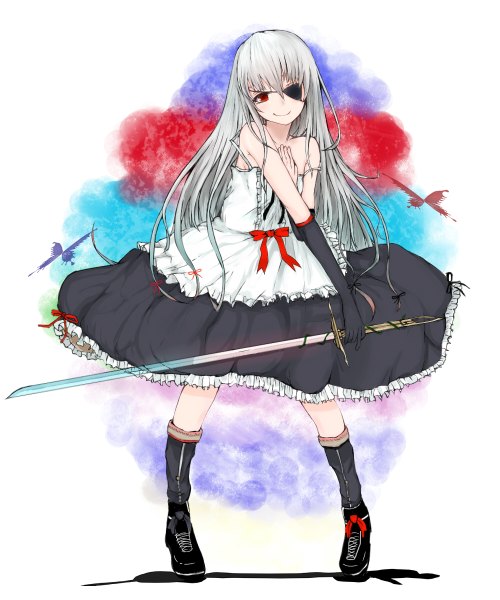 Anime picture 1000x1200 with original kou mashiro single long hair tall image smile red eyes bare shoulders silver hair hand on chest multicolored girl dress gloves ribbon (ribbons) weapon hair ribbon sword socks elbow gloves