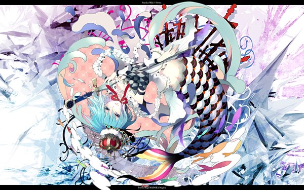 Anime picture 1920x1200 with mahou shoujo madoka magica shaft (studio) miki sayaka gin (oyoyo) highres short hair blue eyes wide image blue hair rhombus monsterification girl gloves weapon sword fish (fishes) crown mermaid