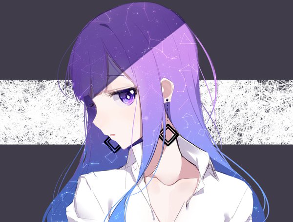 Anime picture 1032x781 with original the cold single long hair looking at viewer fringe purple eyes purple hair profile shadow portrait open collar starry sky print constellation girl earrings star (stars)