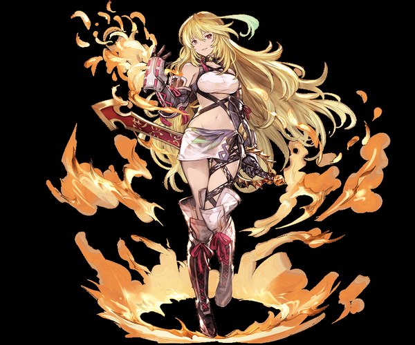 Anime picture 960x800 with tales of (series) tales of xillia milla maxwell minaba hideo single long hair looking at viewer fringe breasts simple background blonde hair smile red eyes standing bare shoulders holding parted lips arm up bare belly black background