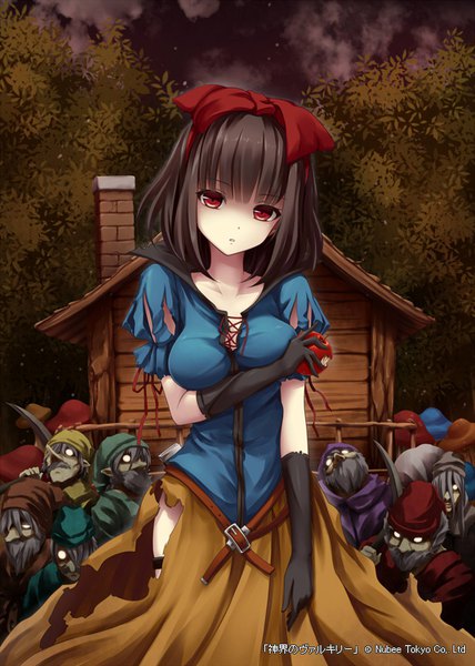 Anime picture 571x800 with snow white and the seven dwarfs shinkai no valkyrie snow white snow white (shinkai no valkyrie) akkijin long hair tall image looking at viewer fringe breasts red eyes brown hair standing holding sky cleavage outdoors parted lips head tilt night