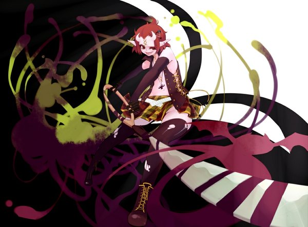 Anime picture 1150x850 with one piece toei animation gecko moria otaki55 single short hair smile red eyes bare shoulders red hair horn (horns) pointy ears open clothes teeth grin sharp teeth genderswap evil grin thighhighs boy
