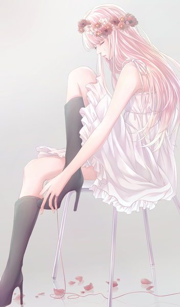 Anime picture 2200x3750 with vocaloid just be friends (vocaloid) megurine luka hikako0303 single long hair tall image fringe highres pink hair bent knee (knees) blunt bangs eyes closed profile grey background high heels girl dress petals boots