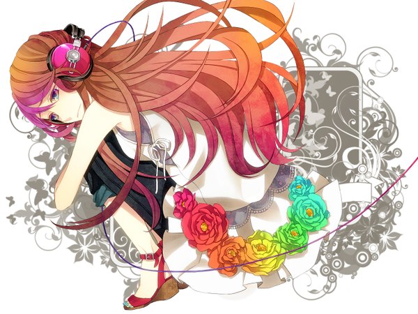 Anime picture 1536x1152 with macco (artist) single long hair brown hair white background brown eyes leg hug casual girl flower (flowers) headphones