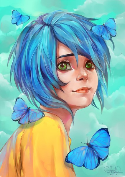 Anime picture 1024x1448 with original xiao-speck single tall image short hair simple background green eyes signed blue hair cloud (clouds) light smile looking up boy insect butterfly