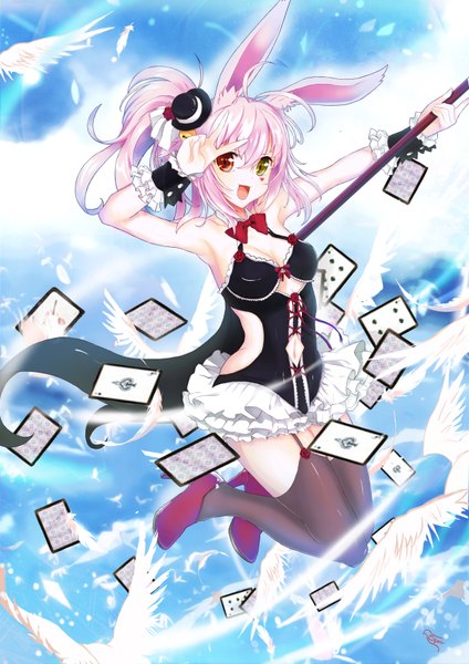 Anime picture 2480x3507 with original tori (king8162635) single long hair tall image looking at viewer highres open mouth animal ears pink hair bunny ears heterochromia bunny girl girl thighhighs dress black thighhighs hat animal wings