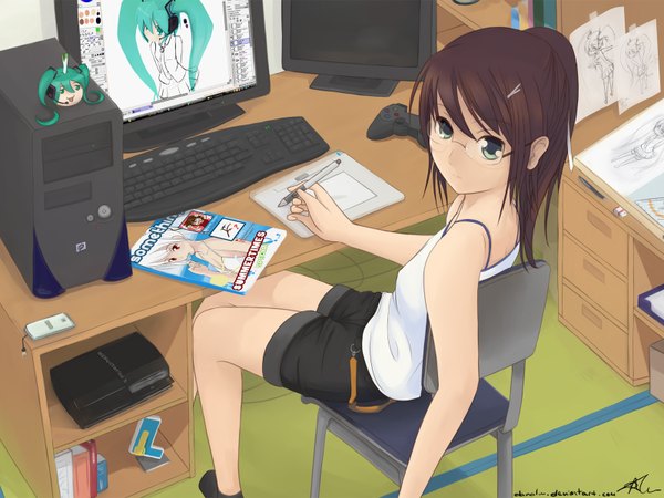 Anime picture 1600x1200 with vocaloid ipod sony hatsune miku single long hair looking at viewer brown hair sitting bare shoulders green eyes ponytail drawing girl hair ornament glasses hairclip headphones book (books) chair