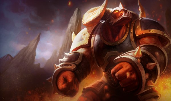 Anime picture 1215x717 with league of legends alistar (league of legends) wide image yellow eyes horn (horns) lava boy armor monster fist thorns