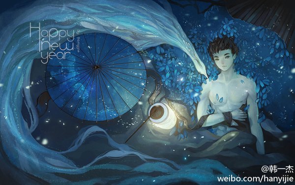 Anime picture 1350x851 with original hanyijie looking at viewer short hair brown hair bare shoulders signed yellow eyes looking away light smile bare belly blue background pale skin boy flower (flowers) ribbon (ribbons) animal petals bird (birds) umbrella
