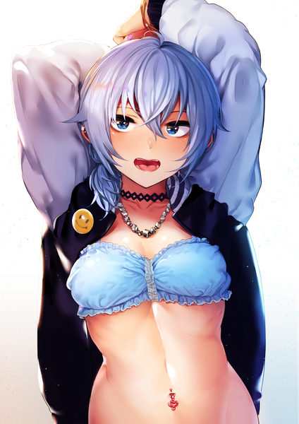 Anime picture 1417x2006 with original akagi asahito single tall image looking at viewer blush fringe short hair blue eyes light erotic simple background smile hair between eyes blue hair upper body ahoge open clothes arms up open jacket teeth