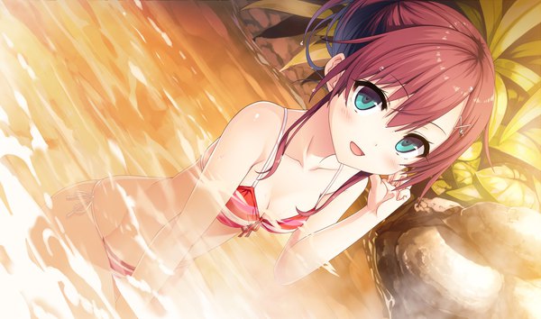 Anime picture 2760x1632 with maitetsu migita hibiki cura single looking at viewer blush fringe highres short hair breasts open mouth light erotic smile hair between eyes red eyes wide image payot cleavage :d aqua eyes