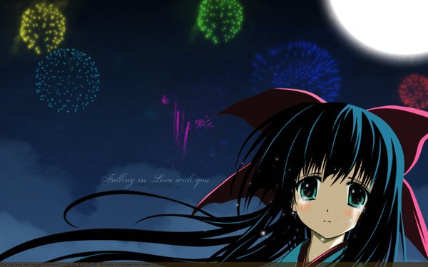 Anime picture 1920x1200 with nagomi single long hair looking at viewer highres black hair wide image green eyes wallpaper tears vector fireworks girl bow hair bow