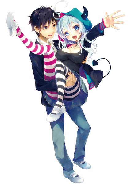 Anime picture 855x1200 with original nama2e long hair tall image blush short hair open mouth blue eyes black hair brown eyes blue hair tail horn (horns) couple carrying princess carry girl boy pantyhose jacket