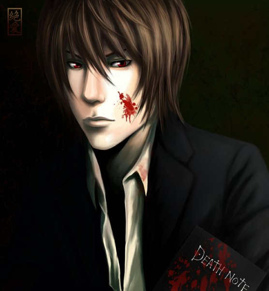 Anime picture 966x1043 with death note madhouse yagami light zetsuai89 single tall image short hair simple background red eyes brown hair lips realistic hieroglyph black background portrait face boy blood suit