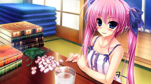 Anime picture 1280x720 with sakigake generation! clochette benifuzi yuria oshiki hitoshi single long hair looking at viewer blush blue eyes wide image twintails bare shoulders pink hair game cg girl dress bow hair bow book (books) sundress