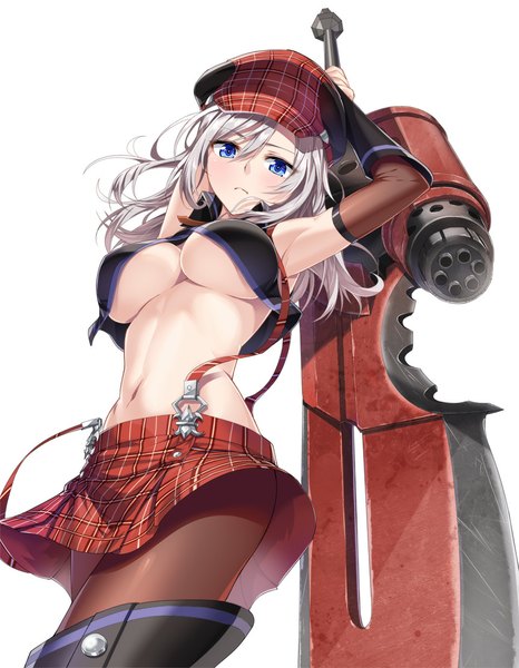 Anime picture 863x1111 with god eater burst alisa ilinichina amiella heirou single long hair tall image looking at viewer blush fringe breasts blue eyes light erotic simple background large breasts white background holding cleavage white hair no bra bare belly
