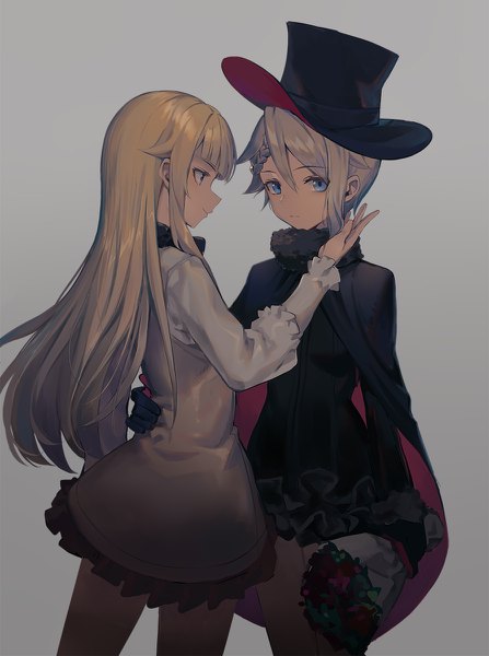 Anime picture 894x1200 with princess principal ange (princess principal) princess (princess principal) huanxiang heitu long hair tall image looking at viewer blush fringe short hair blue eyes blonde hair simple background multiple girls holding blunt bangs braid (braids) long sleeves profile arm up