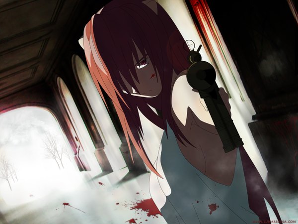 Anime-Bild 1600x1200 mit elfen lied arms corporation lucy single long hair looking at viewer fringe bare shoulders pink hair pink eyes hair over one eye angry girl white shirt gun blood