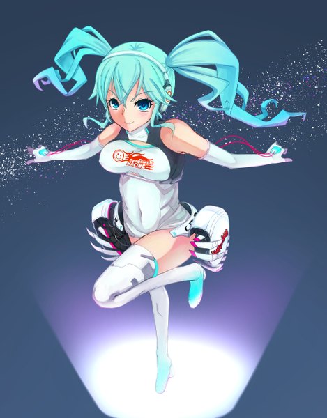 Anime picture 960x1226 with vocaloid goodsmile racing hatsune miku racing miku racing miku (2014) mamepoppo single long hair tall image highres smile twintails bare shoulders aqua eyes aqua hair covered navel girl gloves elbow gloves headphones