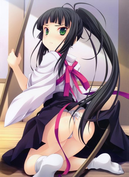 Anime picture 4285x5855 with miyama zero long hair tall image blush highres light erotic black hair green eyes absurdres ass ponytail traditional clothes looking back scan girl socks white socks