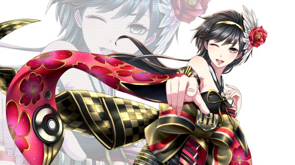 Anime picture 2560x1440 with vocaloid sachiko my (artist) looking at viewer blush fringe highres short hair breasts open mouth black hair simple background wide image white background yellow eyes traditional clothes japanese clothes one eye closed hair flower fingernails