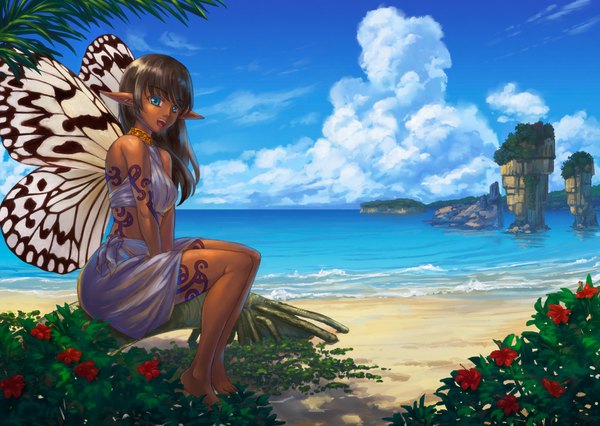 Anime picture 1280x910 with original genshi single long hair looking at viewer open mouth blue eyes brown hair sitting cloud (clouds) pointy ears tattoo beach rock insect wings butterfly wings girl flower (flowers) sea