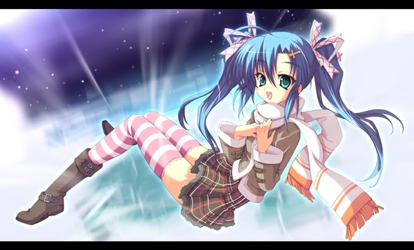 Anime picture 1000x605 with original hayakawa harui single long hair open mouth wide image twintails green eyes blue hair girl thighhighs skirt ribbon (ribbons) hair ribbon miniskirt jacket boots scarf striped thighhighs