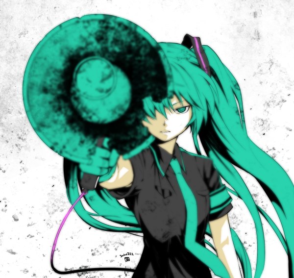 Anime picture 1200x1134 with vocaloid koi wa sensou (vocaloid) hatsune miku nagian single long hair looking at viewer simple background white background twintails green eyes signed green hair girl gloves necktie wire (wires) armband megaphone
