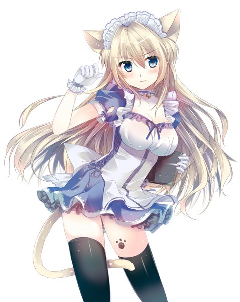 Anime picture 801x1005 with original hanpen (hannpenn2) single long hair tall image looking at viewer blush blue eyes light erotic white background animal ears white hair tail animal tail cat ears maid cat girl cat tail girl thighhighs