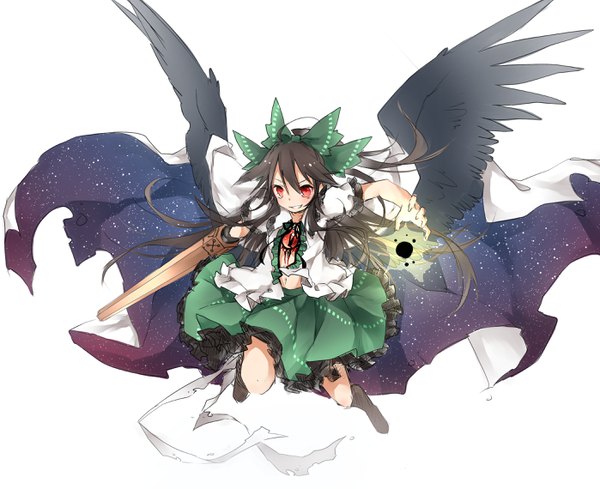 Anime picture 2796x2280 with touhou reiuji utsuho toutenkou single long hair looking at viewer fringe highres breasts black hair simple background smile hair between eyes white background ahoge ponytail sparkle open shirt black wings frilly skirt