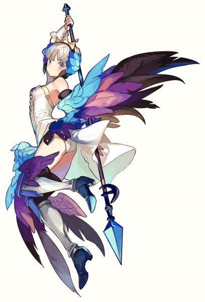 Anime picture 1000x1470 with odin sphere vanillaware gwendolyn bunko (fumimatsu) single tall image looking at viewer blush fringe short hair light erotic simple background white background purple eyes bare shoulders full body bent knee (knees) ass blunt bangs looking back