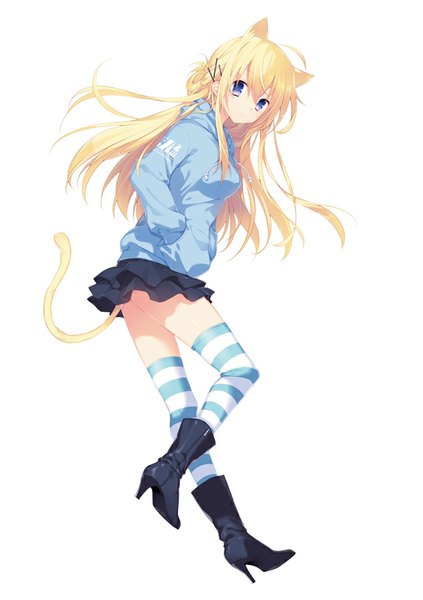 Anime picture 630x893 with original sakura neko single long hair tall image looking at viewer blue eyes blonde hair simple background animal ears ahoge tail cat ears high heels girl thighhighs skirt hair ornament boots striped thighhighs