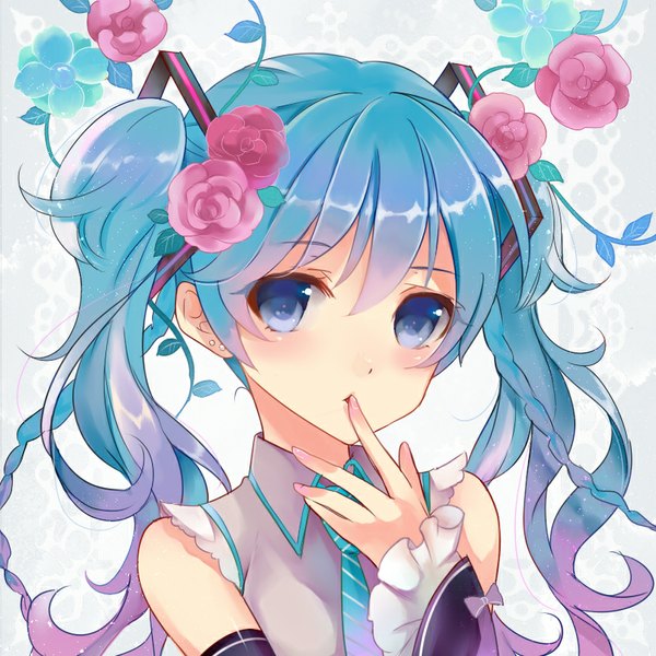 Anime picture 815x815 with vocaloid hatsune miku 041 single long hair looking at viewer blush blue eyes twintails bare shoulders blue hair braid (braids) hair flower twin braids finger to mouth portrait girl hair ornament flower (flowers) detached sleeves