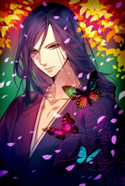Anime picture 1024x1517 with original tayuya1130 single long hair tall image looking at viewer purple hair traditional clothes japanese clothes orange eyes boy flower (flowers) petals rose (roses) insect butterfly yukata