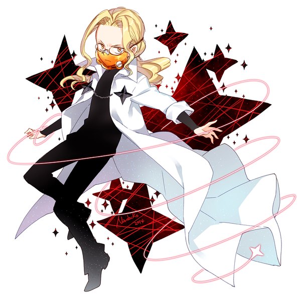 Anime picture 800x794 with kill la kill studio trigger iori shirou nardack single long hair simple background blonde hair white background signed yellow eyes from above outstretched arm 2014 boy glasses star (symbol) mask thread labcoat