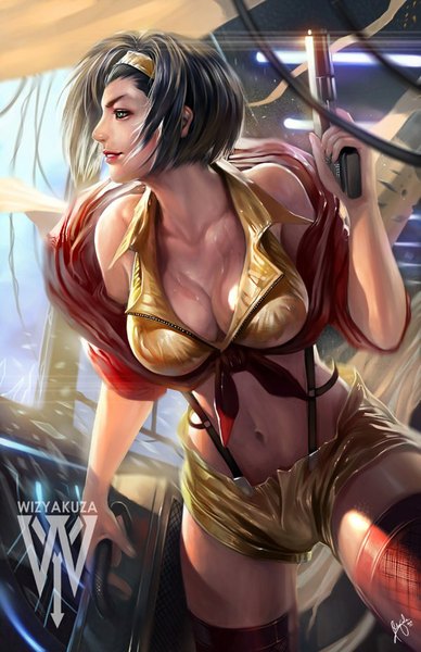 Anime picture 600x927 with cowboy bebop sunrise (studio) faye valentine wizyakuza single tall image short hair breasts light erotic black hair smile holding green eyes signed looking away profile lips realistic midriff leaning