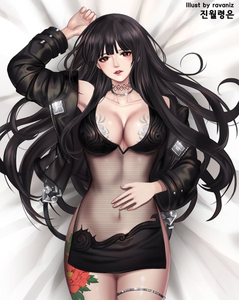 Anime picture 1615x2028 with blade & soul ravaniz single long hair tall image looking at viewer breasts open mouth light erotic black hair red eyes open jacket tattoo girl navel jacket