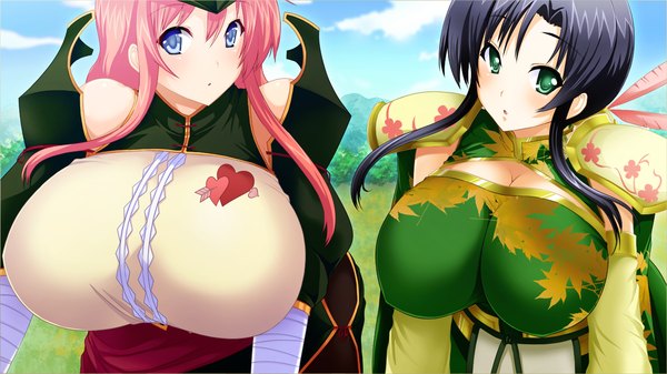 Anime picture 1280x720 with sangoku hime unicorn-a long hair breasts blue eyes light erotic black hair wide image multiple girls green eyes pink hair game cg traditional clothes huge breasts girl 2 girls