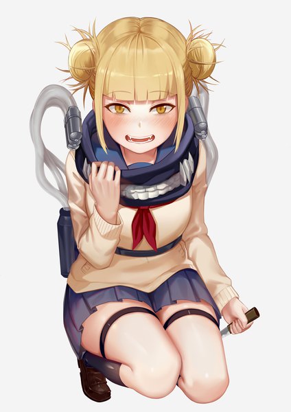 Anime picture 893x1263 with boku no hero academia studio bones toga himiko shoutai (7490773) single tall image blush fringe short hair open mouth simple background blonde hair white background yellow eyes payot full body blunt bangs from above hair bun (hair buns) fang (fangs)