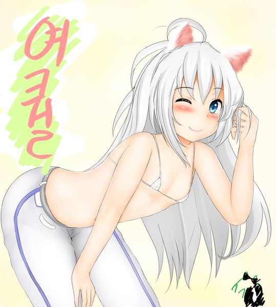 Anime picture 2848x3168 with furama (mapar) single long hair tall image looking at viewer blush highres blue eyes light erotic smile white hair one eye closed wink flat chest plump girl navel pants
