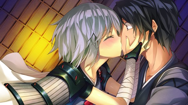 Anime picture 1280x720 with sengoku hime 4 blush short hair black hair wide image game cg silver hair eyes closed couple kiss girl boy