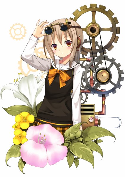 Anime picture 848x1200 with original koi (koisan) single tall image blush short hair brown hair brown eyes girl flower (flowers) headphones sunglasses gears