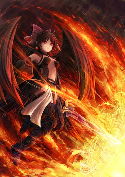 Anime picture 774x1092 with touhou reiuji utsuho akashio (loli ace) single long hair tall image black hair red eyes black wings cosplay girl bow weapon sword wings armor fire shield