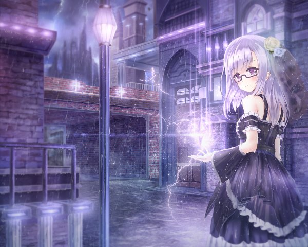 Anime picture 1200x960 with original alc (ex2 lv) single long hair purple eyes bare shoulders silver hair magic rain girl dress detached sleeves glasses building (buildings) house