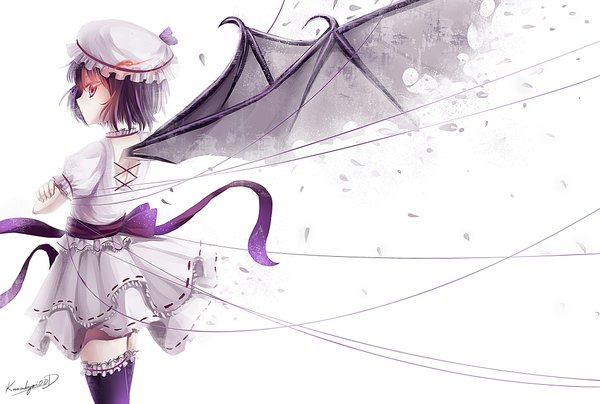 Anime picture 2000x1349 with touhou remilia scarlet caidychen single highres short hair simple background standing white background purple hair alternate costume glowing crossed arms glowing eye (eyes) bat wings girl dress bow hat petals