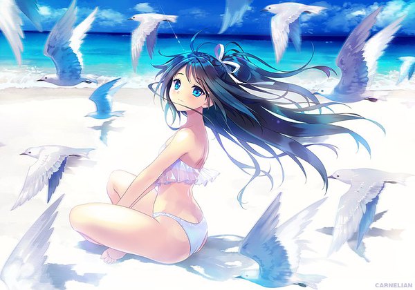 Anime picture 800x561 with kantai collection katsuragi aircraft carrier carnelian single long hair looking at viewer blush fringe blue eyes light erotic black hair smile sitting signed sky cloud (clouds) full body ahoge outdoors ass