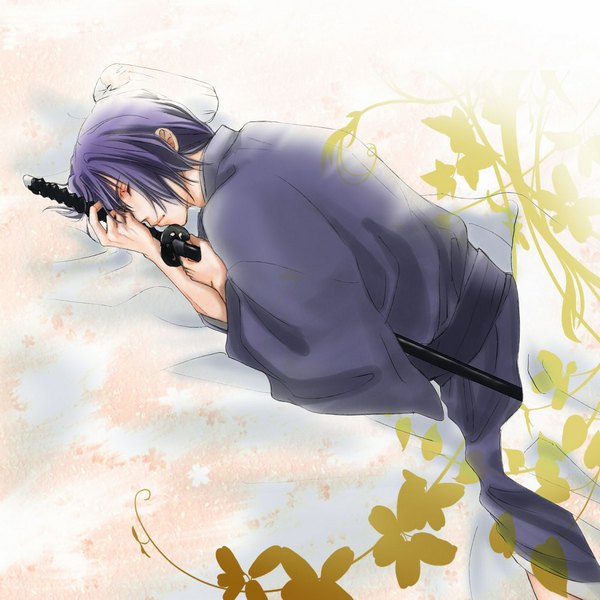 Anime picture 1024x1024 with hakuouki shinsengumi kitan studio deen saito hajime single short hair blue hair eyes closed traditional clothes japanese clothes boy sword katana